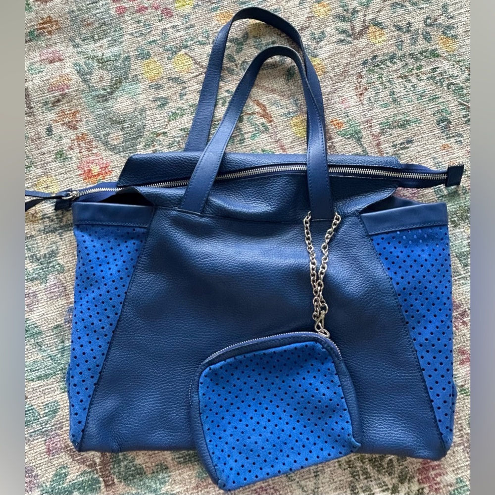 NICOLI Blue Genuine Leather & Suede Slouchy Tote w/Pouch, Italy